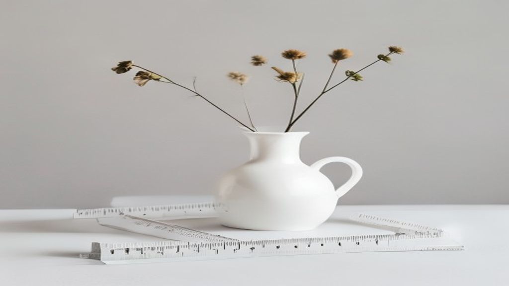 White ceramic vase on a seamless gray studio background with a steel ruler beside it