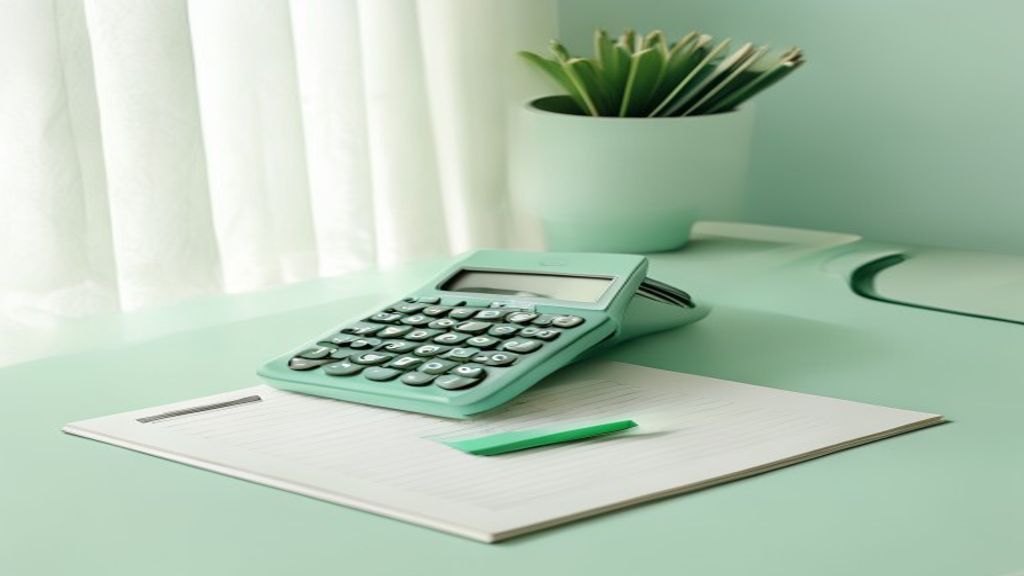 Desk calculator on a stack of paper receipts, teal pen beside it